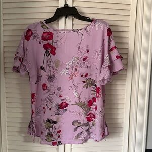 Maurices Pink Floral Blouse with Ruffle Sleeves
